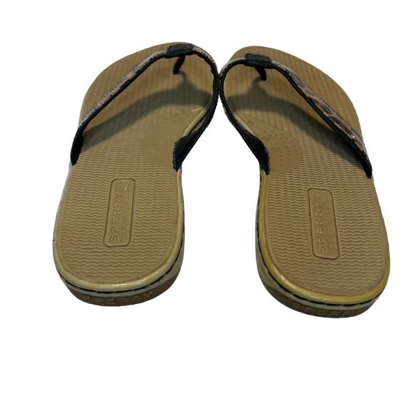 Sperry Top Sider Leather Flip Flop Sandals Tan Black Leopard Print Size 8m Comfy - Picture 9 of 15